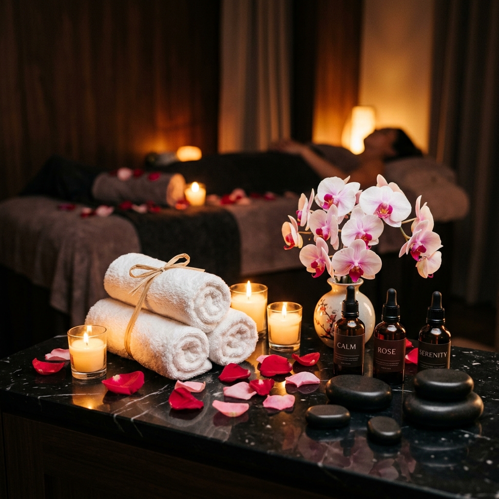 ZIA Centro Estético — Ambiente de spa de lujo con velas, toallas y orquídeas